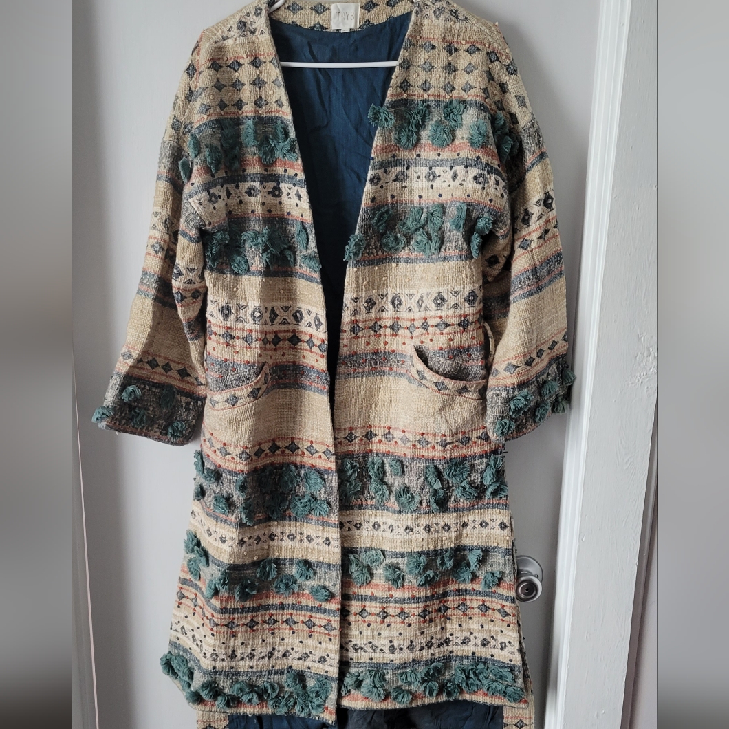 Anthropologie Textured Tassel Coat Tryb Hand Knitted Detailing 100% Cotton Xs